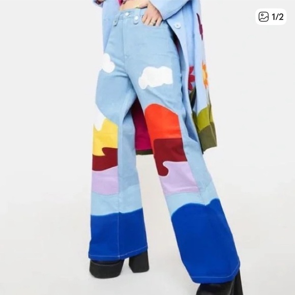 6587.Colorful Patchwork Flare Wide Leg Appliqué Jeans - Picture 2 of 2